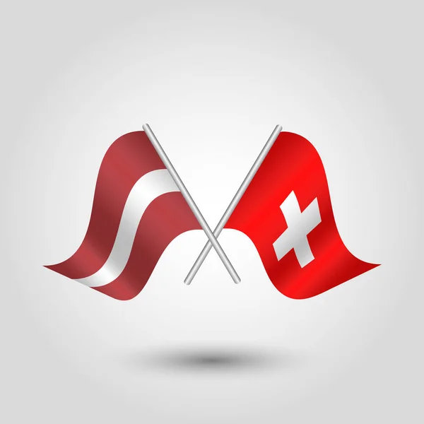 Vector wuivende eenvoudige driehoek twee gekruiste Lets en Zwitserse vlaggen op schuine zilver paal - icoon van Letland en Denemarken — Stockvector