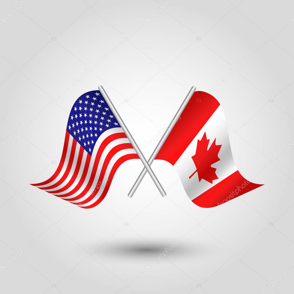 vector waving simple triangle two crossed american and canadian  flags on slanted silver pole - icon united states of america and canada