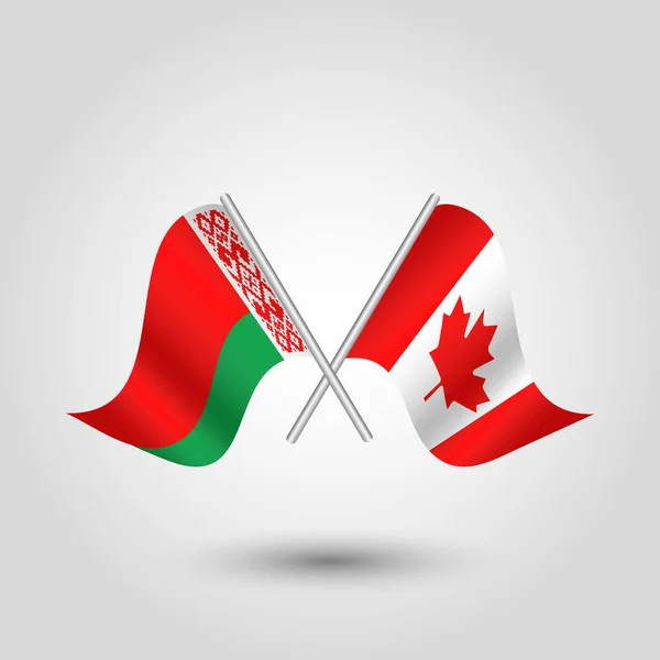 Vector two crossed belarusian and canadian flags on silver sticks - symbol of belarus and canada — Stock Vector