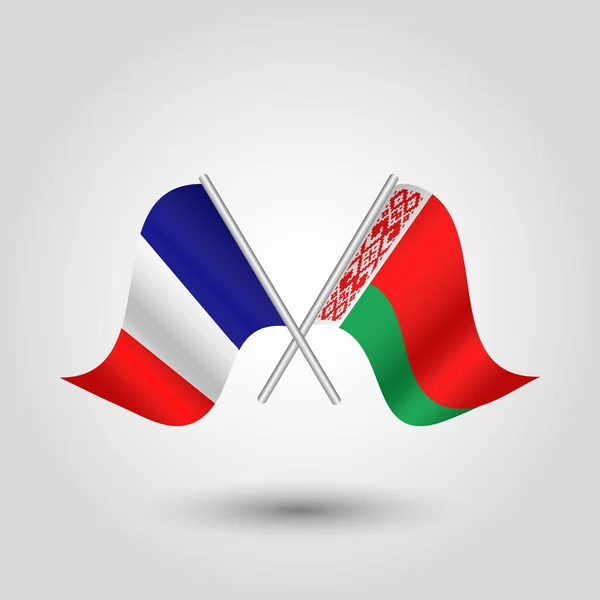 Vector two crossed french and belarusian flags on silver sticks - symbol of france and belarus — Stock Vector
