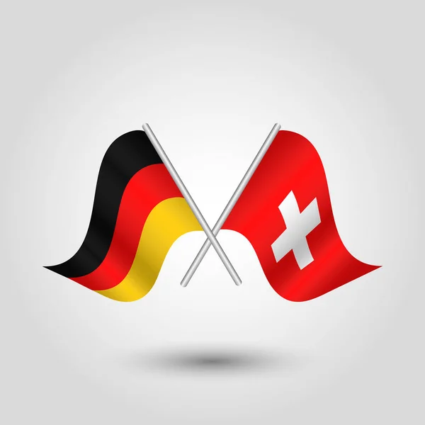 Vetor duas bandeiras alemãs e suíças cruzadas em varas de prata - símbolo da alemanha e suíça — Vetor de Stock