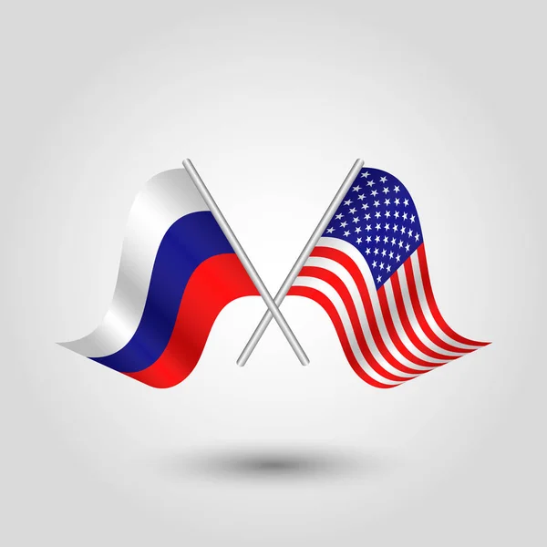 Вектор два скрещенных российских и американских флага на серебряных палочках - символ России и США — стоковый вектор