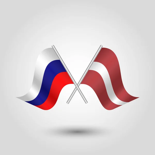 Вектор два скрещенных российских и латышских флага на серебряных палочках - символ России и Латвии — стоковый вектор