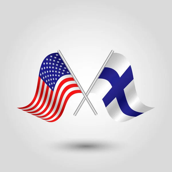 Vector two crossed american and finnish flags on silver sticks - symbol of united states of america and finland — Stock Vector