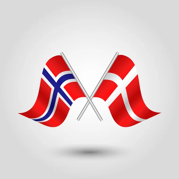 Vector two crossed norwegian and danish flags on silver sticks - symbol of norway and denmark — Stock Vector