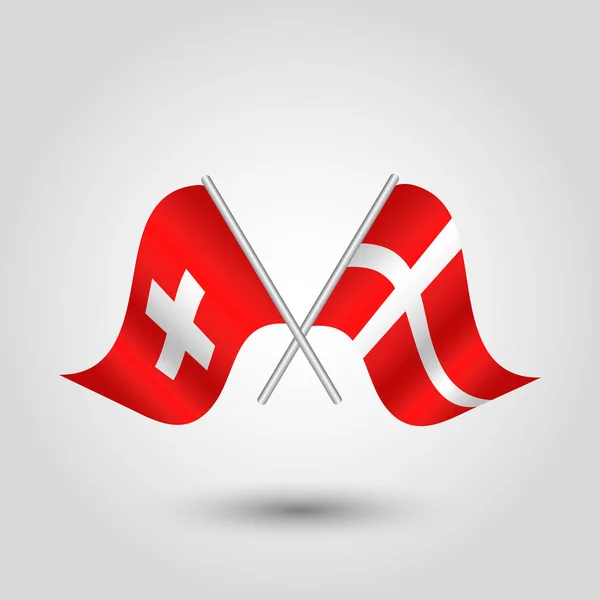 Vector duas bandeiras suíças e dinamarquesas cruzadas em varas de prata - símbolo da Suíça e da Dinamarca —  Vetores de Stock