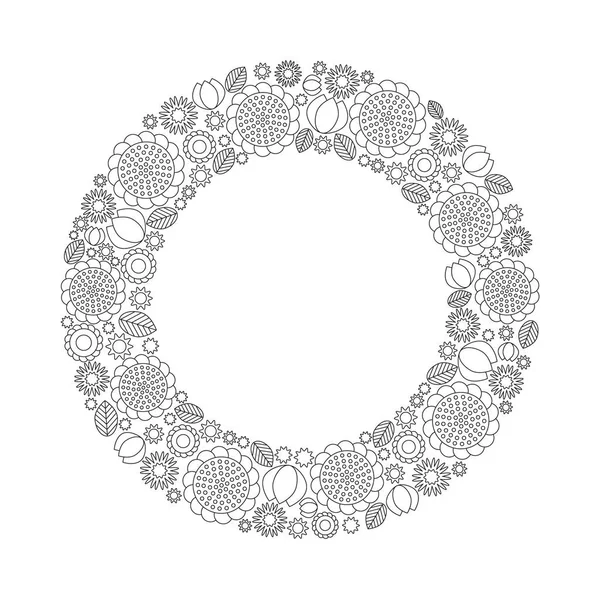 Vector adulto para colorear página del libro con flores de primavera y hojas dispuestas a círculo - marco floral redondo decorativo - contorno blanco y negro — Archivo Imágenes Vectoriales