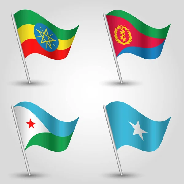 Vector conjunto de banderas ondeando cuerno de África oriental en el polo de plata icono de estados etiopía, eritrea, djibouti y somalia — Vector de stock