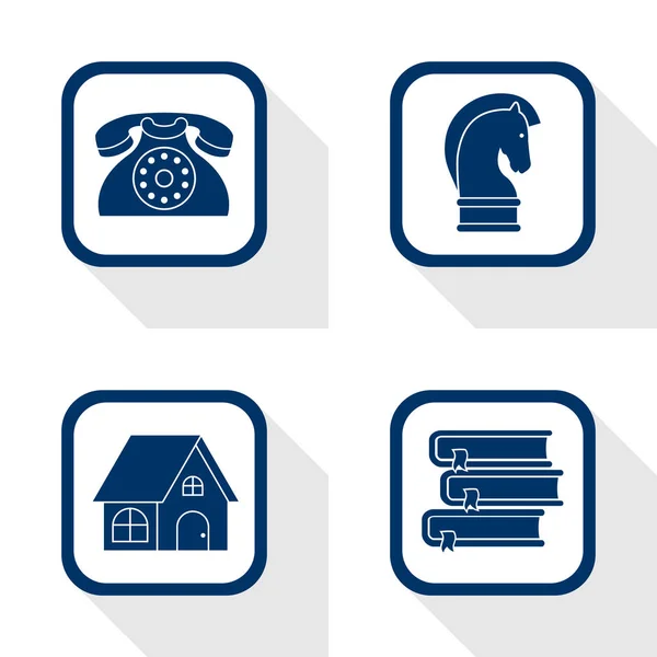 Набор из четырех векторных квадратных темно-синих икон бизнес с закругленными углами и длинной тенью - символ телефона, стратегии, дома и книг в плоском дизайне — стоковый вектор