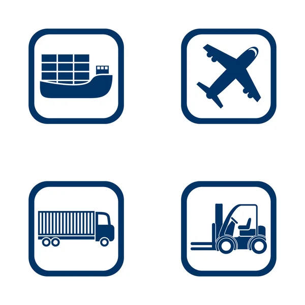 Иконки плоского дизайна для экспорта комплекта импорта - корабль, самолет, грузовик и погрузчик — стоковый вектор