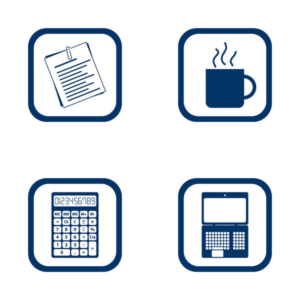 плоский дизайн иконки офисный набор - документ, чашка, калькулятор и ноутбук
