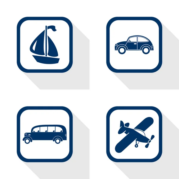 Plochý design ikony cestovní set - auto, autobus, loď, letadlo — Stockový vektor