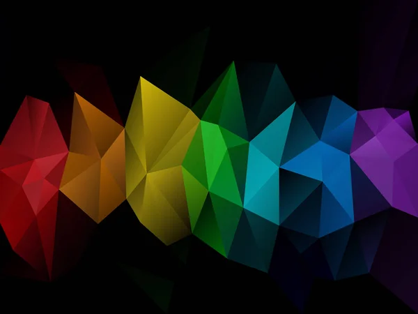 フルカラー スペクトル虹ダーク - 途中で水平方向のストリップでの三角形のパターンとベクトル不規則な多角形の抽象的な背景 — ストックベクタ