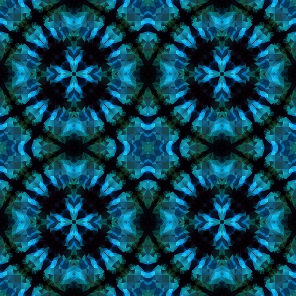 Μωσαϊκά καλειδοσκόπιο χωρίς ραφή πρότυπο υφή φόντου - μπλε και του τυρκουάζ χρωματισμένα με τέσσερα δαχτυλίδια με σταυρό στη μέση — Φωτογραφία Αρχείου