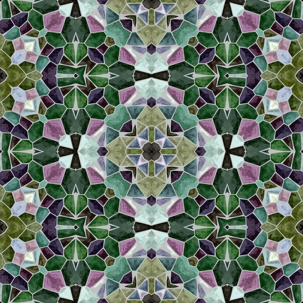 Mosaic kaleidoscope seamless pattern texture background - emerald green and purple colored with gray grout — Stock Photo, Image