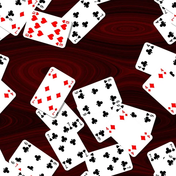 Speelkaarten verspreid over de mahonie houten tafel - naadloze patroon textuur achtergrond — Stockfoto