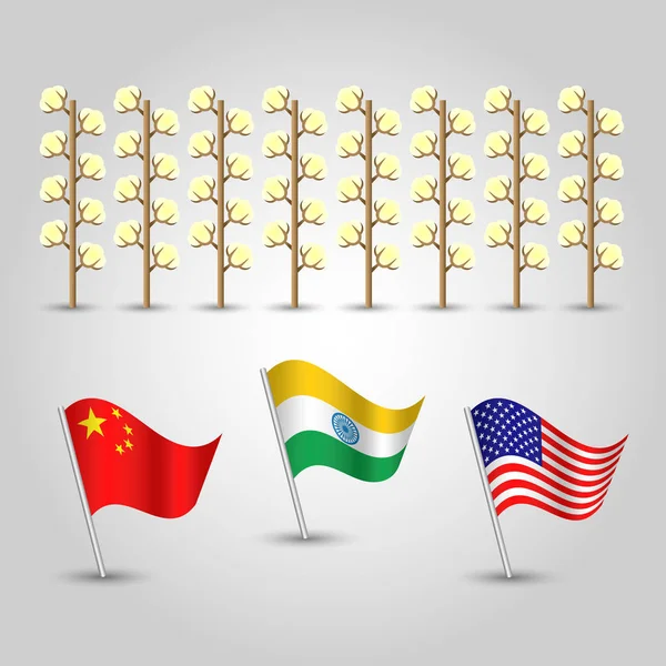 Vektorová infografika - sada tří vlajek států s největší produkcí bavlny a několik rostlin - země Spojené státy Ameriky, Číny a Indie — Stockový vektor