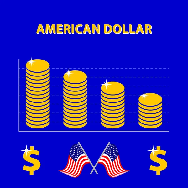Vector colored infographic of decline US exchange rate - info graph in flat design with icon of dollar and two american flags — Stock Vector