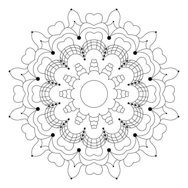 Vettore mandala fiore circolare in bianco e nero con cuori - adulto da colorare pagina del libro — Vettoriale Stock