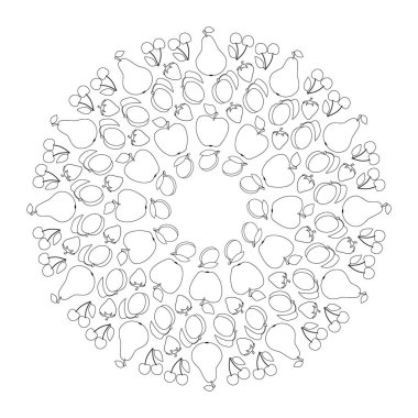 vektör Siyah Beyaz dairesel meyveli mandala elma, armut, kayısı, kiraz, Erik ve çilek - yetişkin renklendirme sayfa kitap