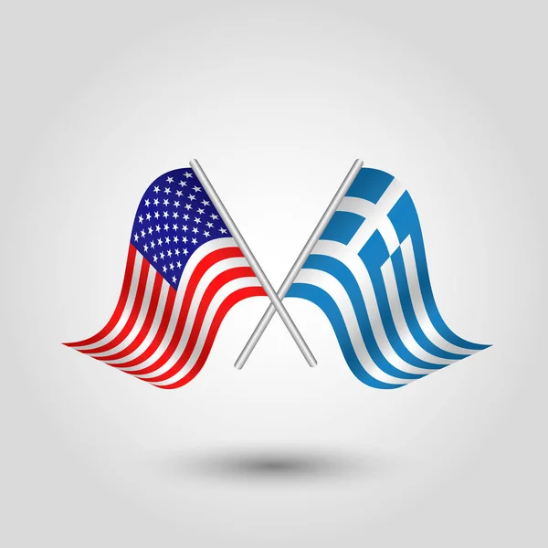 Ector two crossed american and greek flags on silver sticks - symbol of united states of america and greece — Stock Vector