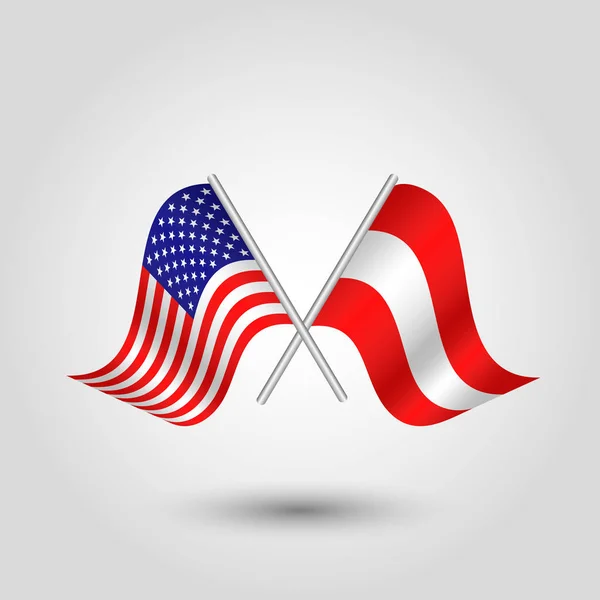 Vector two crossed american and austrian flags on silver sticks - symbol of united states of america and austria — ストックベクタ