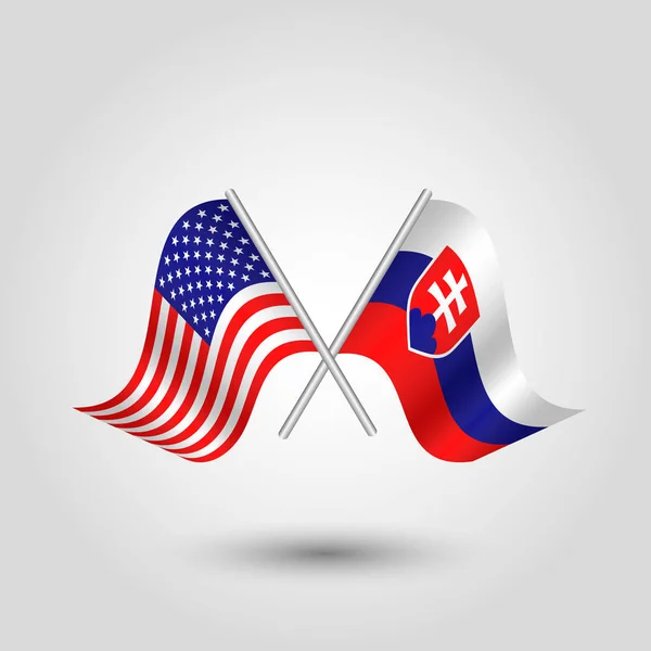 Вектор два скрещенных американских и словацких флага на серебряных палочках - символ объединенных штатов Америки и Словакии — стоковый вектор