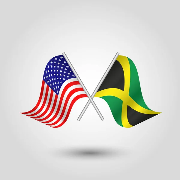 Vektor dvě zkřížené amerických a jamajské vlajky na stříbrné tyčinky - symbol Spojených států amerických a Jamajka — Stockový vektor