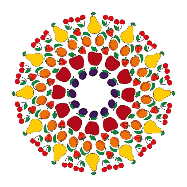 Mandala fruttato circolare colorato vettoriale con mela, pera, albicocca, ciliegia, prugna e fragola - pagina del libro da colorare per adulti — Vettoriale Stock