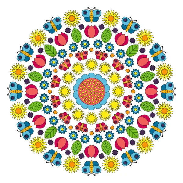 Vector multicolor mandala primavera circular con flores, mariposas, hojas y tulipanes - adulto para colorear página del libro — Vector de stock