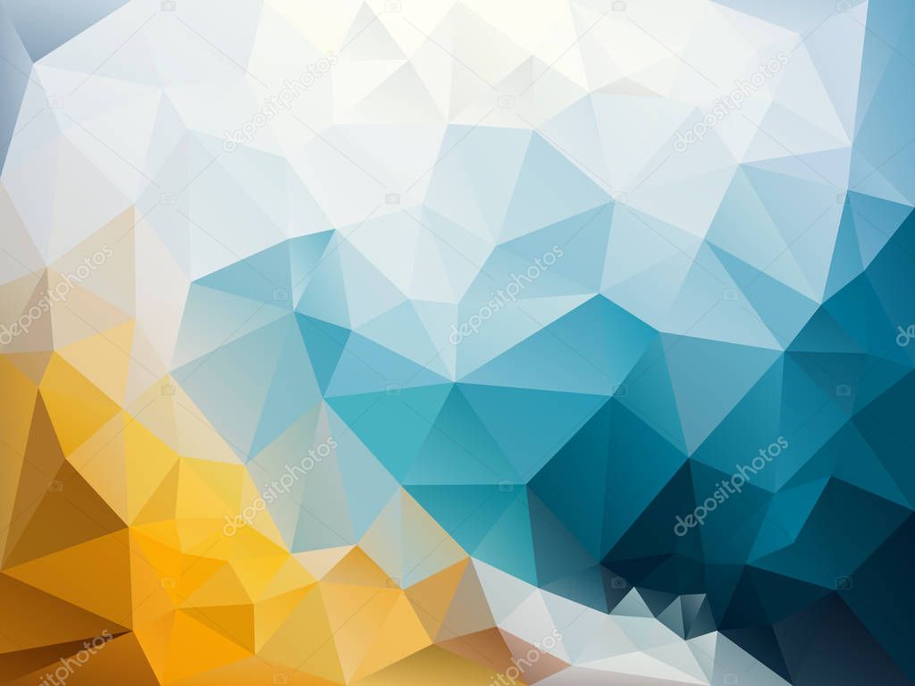 vector abstract irregular polygon background with a triangle pattern in sky blue, sand orange and ice white color 
