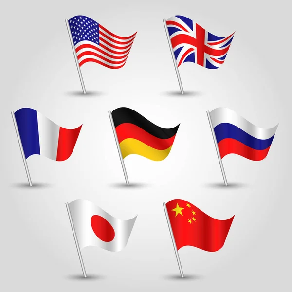 Vektorové Sada mávali vlajkami sedm států velmoc na stříbrnou tyč - ikony z usa, Velké Británie, Francie, Německo, Rusko, Japonsko a Čína - americké, britské, francouzské, německé, ruské, japonské a čínské symbol — Stockový vektor