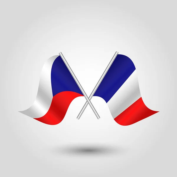 Vector dos banderas checas y francesas cruzadas en palos de plata - símbolo de la República Checa y Francia — Archivo Imágenes Vectoriales