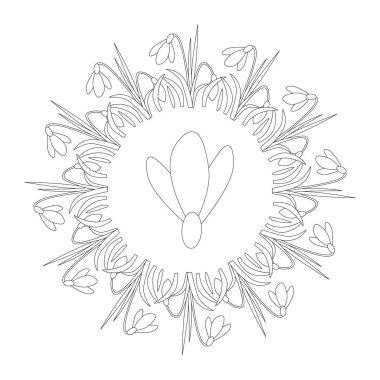siyah ve Beyaz dairesel yuvarlak bahar mandala çiçek kardelen - yetişkin renklendirme kitabı sayfası ile vektör