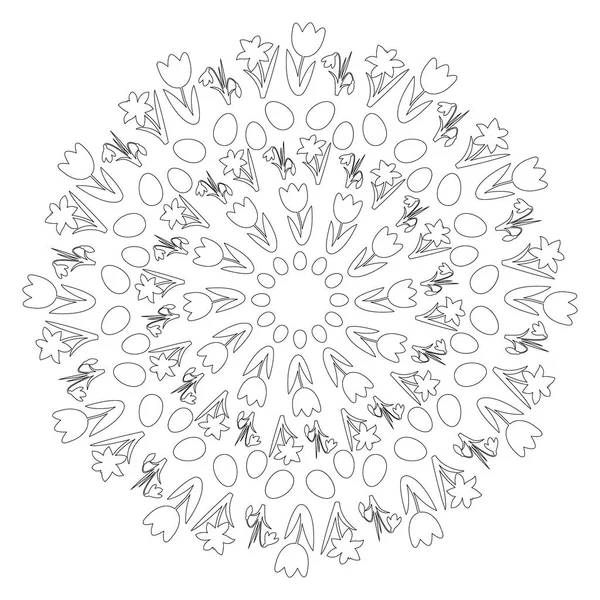 Vektör siyah beyaz daire yuvarlak Paskalya bahar mandala çiçek ve yumurta - yetişkin renklendirme kitap sayfa - lale, nergis ve beyaz kardelen — Stok Vektör