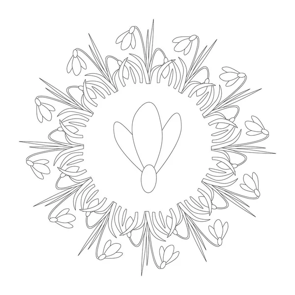 Vector blanco y negro circular mandala primavera redonda con nevada de flores - adulto para colorear página del libro — Vector de stock