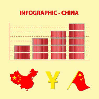 renkli Infographic alma büyüyen vektör ve Çin - Çin yuan, bayrak ve yıldız ile basit harita simgesi ile düz tasarım bilgi grafik - kırmızı, sarı ve gri verme