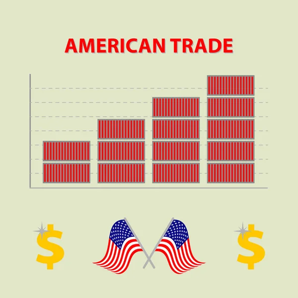 Vektor színes infographic növekvő amerikai import export - info grafikont, lapos design-a ikon-ból dolar, zászlók Amerikai Egyesült Államok — Stock Vector