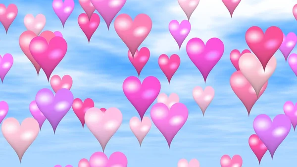 Valentine bolas de corazón volador rosa en el cielo azul con nubes blancas - fondo de textura patrón sin costuras —  Fotos de Stock