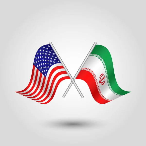 Vektor dvě zkřížené amerických a íránské vlajky na stříbrné tyčinky - symbol Spojených států amerických a republice Íránu — Stockový vektor