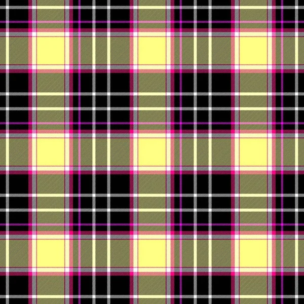 Проверить шотландскую клетчатую ткань шотландского шотландского шотландского цвета бесшовный текстурный фон - черный, горячий розовый, желтый цвет — стоковое фото