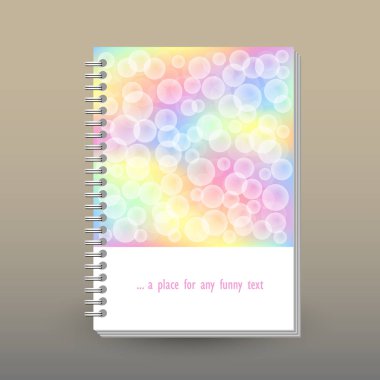 günlük ya da defter sarmal telli defter ile kapak vektör - A5 - düzen broşür kavramı - pastel tam renk tayfı şeffaf kabarcıkları ile renkli biçimlendirmek