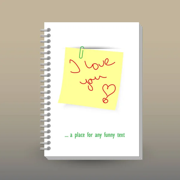 Векторная обложка дневника или ноутбука с кольцевой спиралью связующего - формат А5 - концепция макета брошюры - желтая цветная бумажная наклейка с красной рукой нарисовал любящее сообщение — стоковый вектор