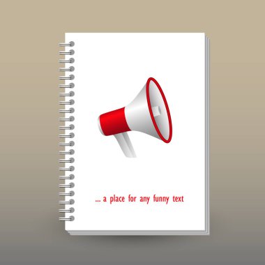 vektör kapak günlüğü veya defter ile halka spiral cilt - formatı A5 - düzen broşür kavramı - kırmızı ve beyaz renkli megafon sembolü
