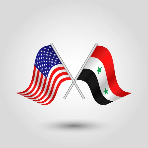 Vektor dvě zkřížené amerických a syrské vlajky na stříbrné tyčinky - symbol Spojených států amerických a Sýrie — Stockový vektor