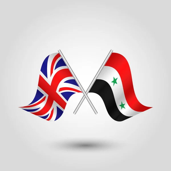 Vektor dvě zkřížené britské a syrské vlajky na stříbrné tyčinky - symbol Velká Británie a Sýrie — Stockový vektor