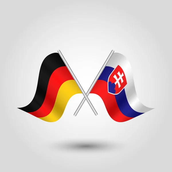 Vettore due bandiere tedesche e slovacche incrociate su bastoni d'argento - simbolo della Germania e della Slovacchia — Vettoriale Stock
