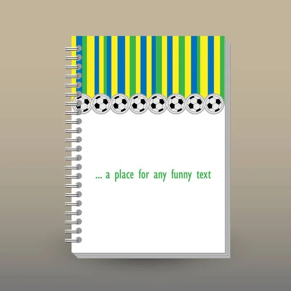 Vector cover of diary or notebook with ring spiral binder - format A5 - layout brochure concept - yellow, blue and green colored striped pattern with line of soccer balls — Stock Vector