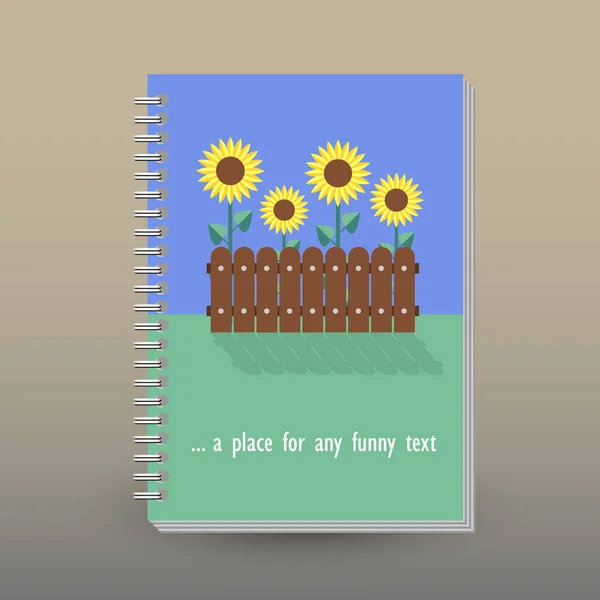 Couverture vectorielle de carnet ou carnet avec reliure spirale annulaire - format A5 - concept de brochure de mise en page - tournesols de couleur jaune dans le jardin - plan plat — Image vectorielle