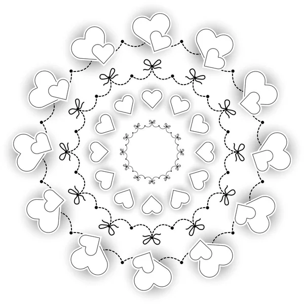 Vector black and white circular round wedding romantic mandala with hearts and bows - adult coloring book page — Stock Vector